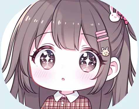 round image, caizi touxiang, 1girl, heart, solo, hair ornament, virtual youtuber, symbol-shaped pupils, ahoge, brown hair, heart-shaped pupils, stuffed toy, long hair, plaid, blush, stuffed animal, bangs, brown eyes, shirt, holding, outline, heart ahoge, w...