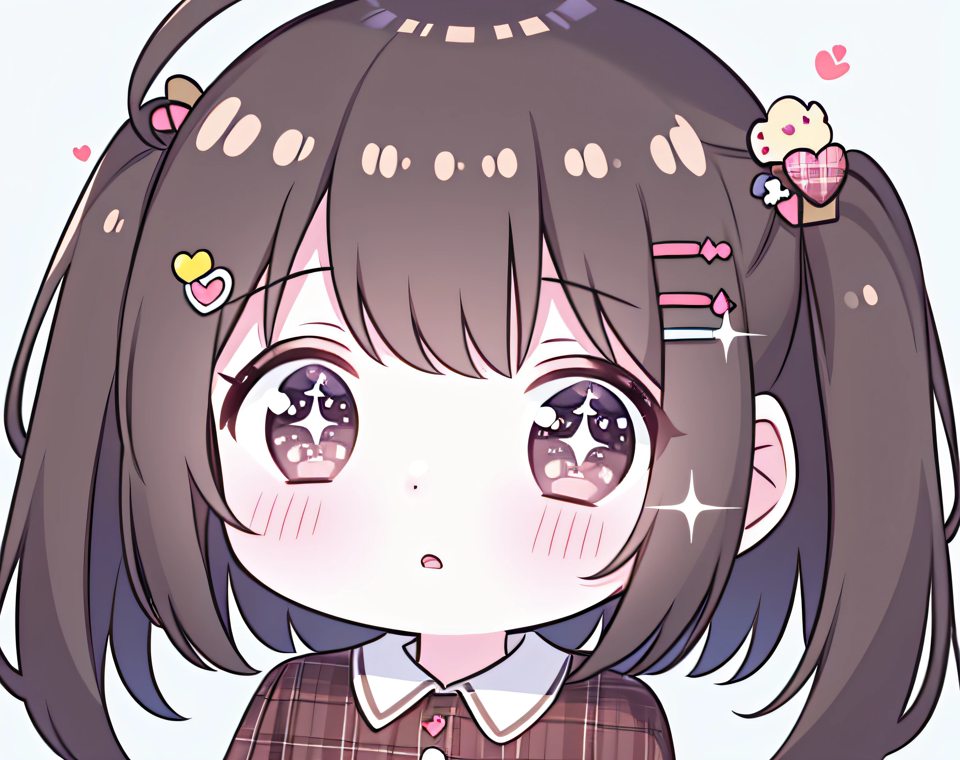 round image, caizi touxiang, 1girl, heart, solo, hair ornament, virtual youtuber, symbol-shaped pupils, ahoge, brown hair, heart-shaped pupils, stuffed toy, long hair, plaid, blush, stuffed animal, bangs, brown eyes, shirt, holding, outline, heart ahoge, white outline, holding stuffed toy, stuffed bunny, plaid shirt, upper body, collared shirt, chibi, parted lips, rabbit hair ornament, looking at viewer, long sleeves, simple background, sparkle, unmoving pattern, hairclip