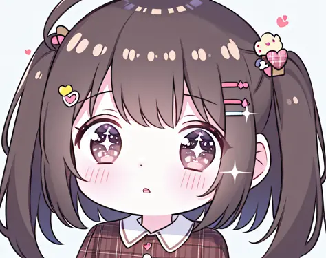 round image, caizi touxiang, 1girl, heart, solo, hair ornament, virtual youtuber, symbol-shaped pupils, ahoge, brown hair, heart-shaped pupils, stuffed toy, long hair, plaid, blush, stuffed animal, bangs, brown eyes, shirt, holding, outline, heart ahoge, w...