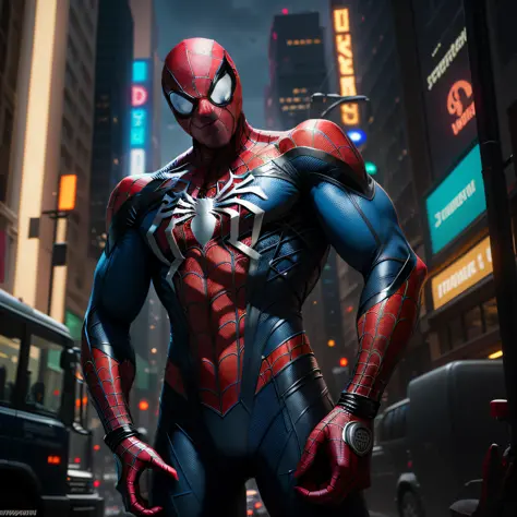 spider - man in a suit standing in the middle of a city, hero pose colorful city lighting, futuristic style spiderman, 8k render”, highly detailed spider - man, portrait of spiderman, trending on artstation 4k, ultra detailed game art, 8 k high detail conc...