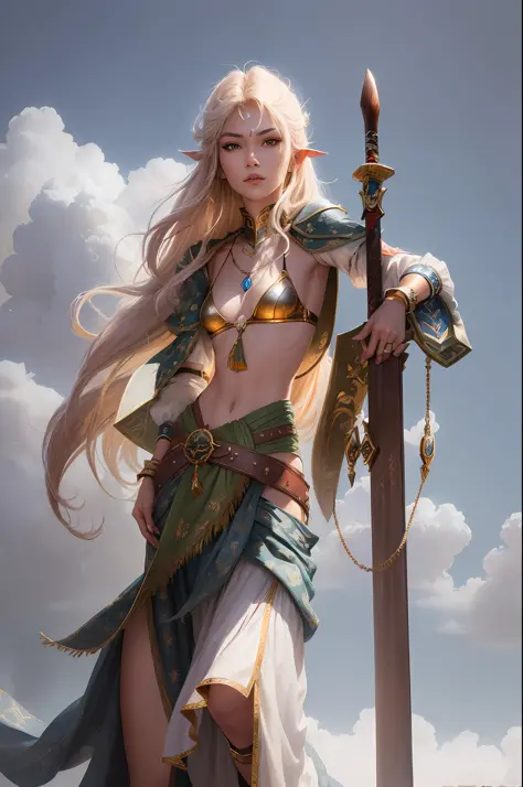 Sturdy and muscular half-elf female fighter, two tone medium length hair  tied up, wearing a combat outfit with the colors of nature and holding a  war hammer and war axe on Craiyon