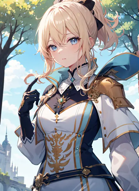 Elegant anime female characters, golden ponytail, extremely attractive eyes, medieval knight and aristocratic costumes, daytime, blue sky, sky, outdoors, under towering trees, cinematic lighting effects, large aperture portrait, dynamic pose, golden ratio,...
