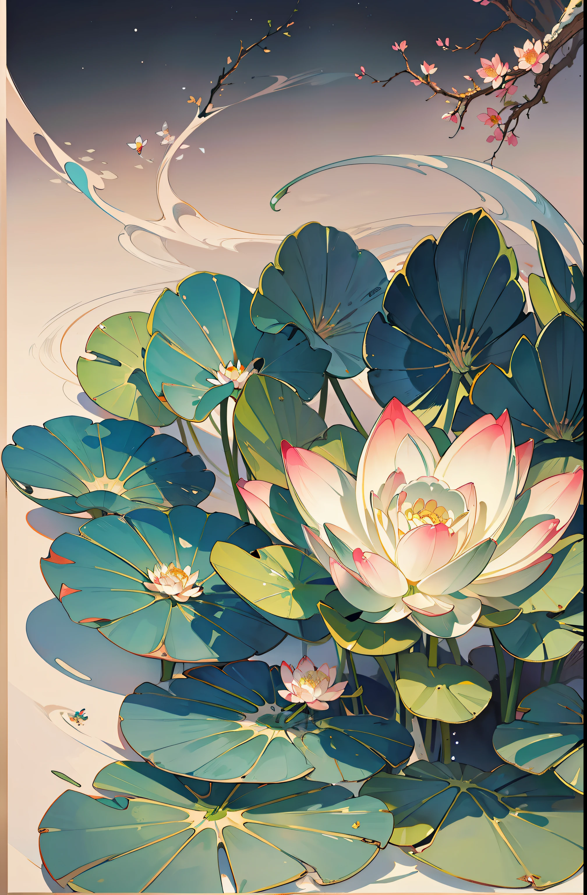 Big lotus leaves, lotus flowers, ink painting style, clean colors, ink style, smudging, decisive cutting, white space, freehand, masterpiece, super detailed, epic composition, high quality, highest quality, lotus fairy, ancient style, Dunhuang flying sky