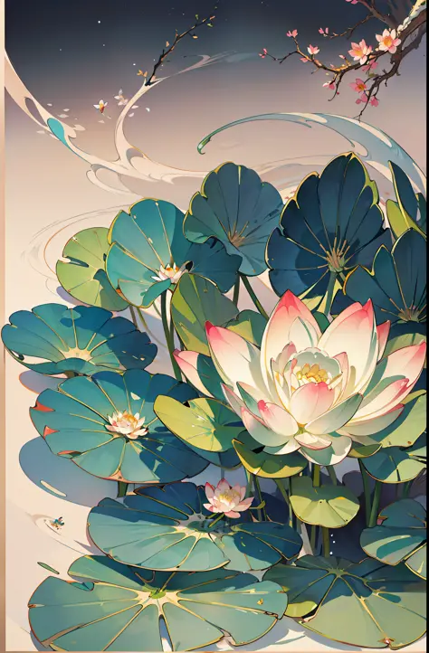 big lotus leaves, lotus flowers, ink painting style, clean colors, ink style, smudging, decisive cutting, white space, freehand,...