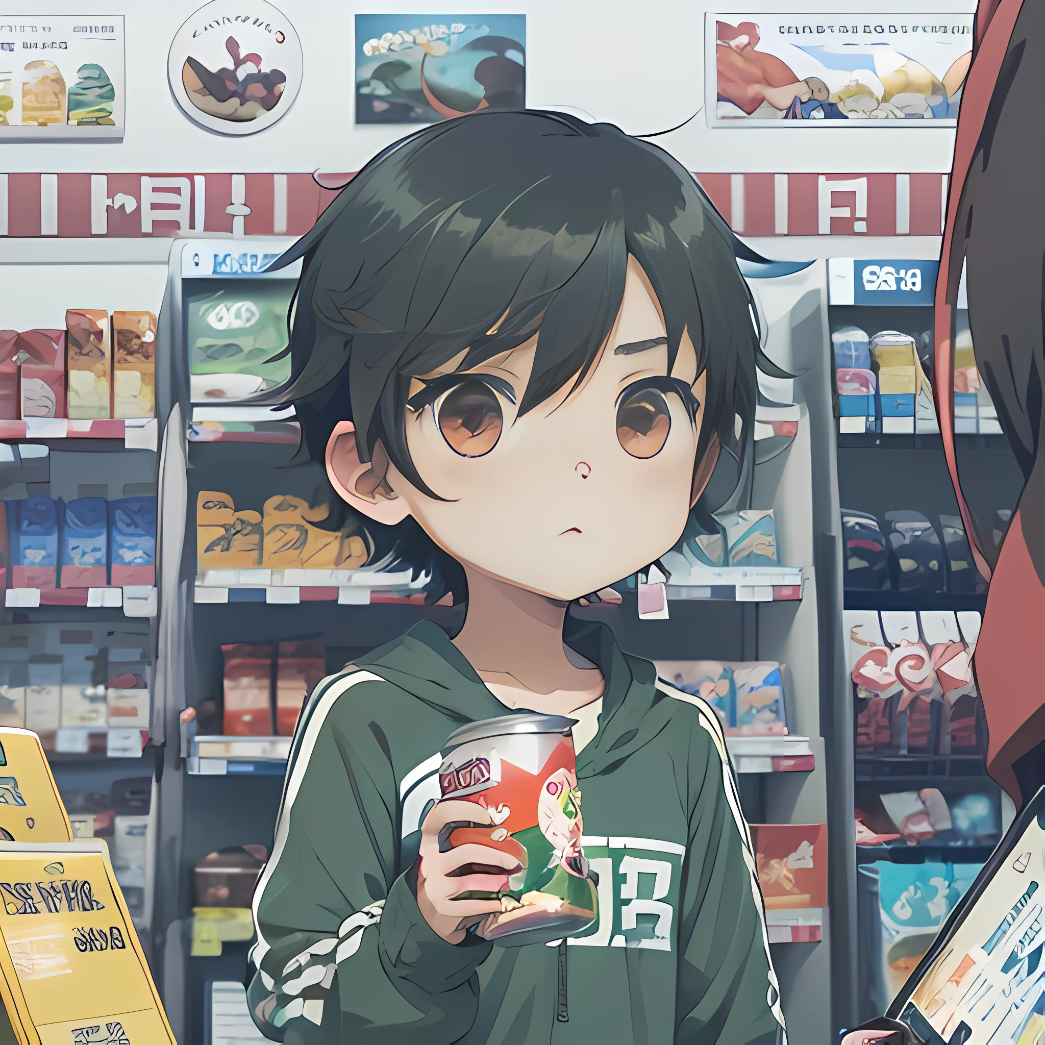 anime image of a man holding a can of food in store, convenience store, anime style, anime style, anime moe art style, stylized anime, kantai collection style, japanese anime style, anime stylization, cel coloring anime, cel - shadow art style, illustrated anime, 2.5d anime style, in anime