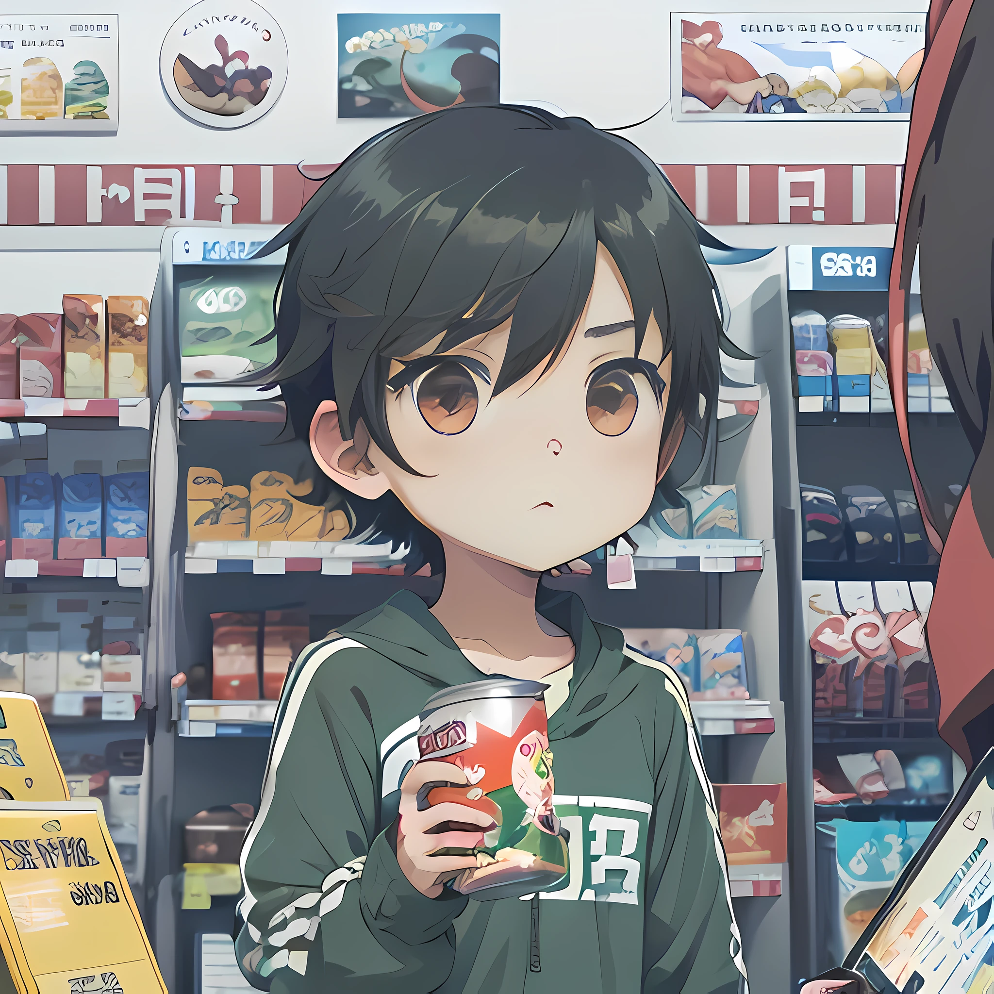 anime image of a man holding a can of food in store, convenience store, anime style, anime style, anime moe art style, stylized anime, kantai collection style, japanese anime style, anime stylization, cel coloring anime, cel - shadow art style, illustrated anime, 2.5d anime style, in anime