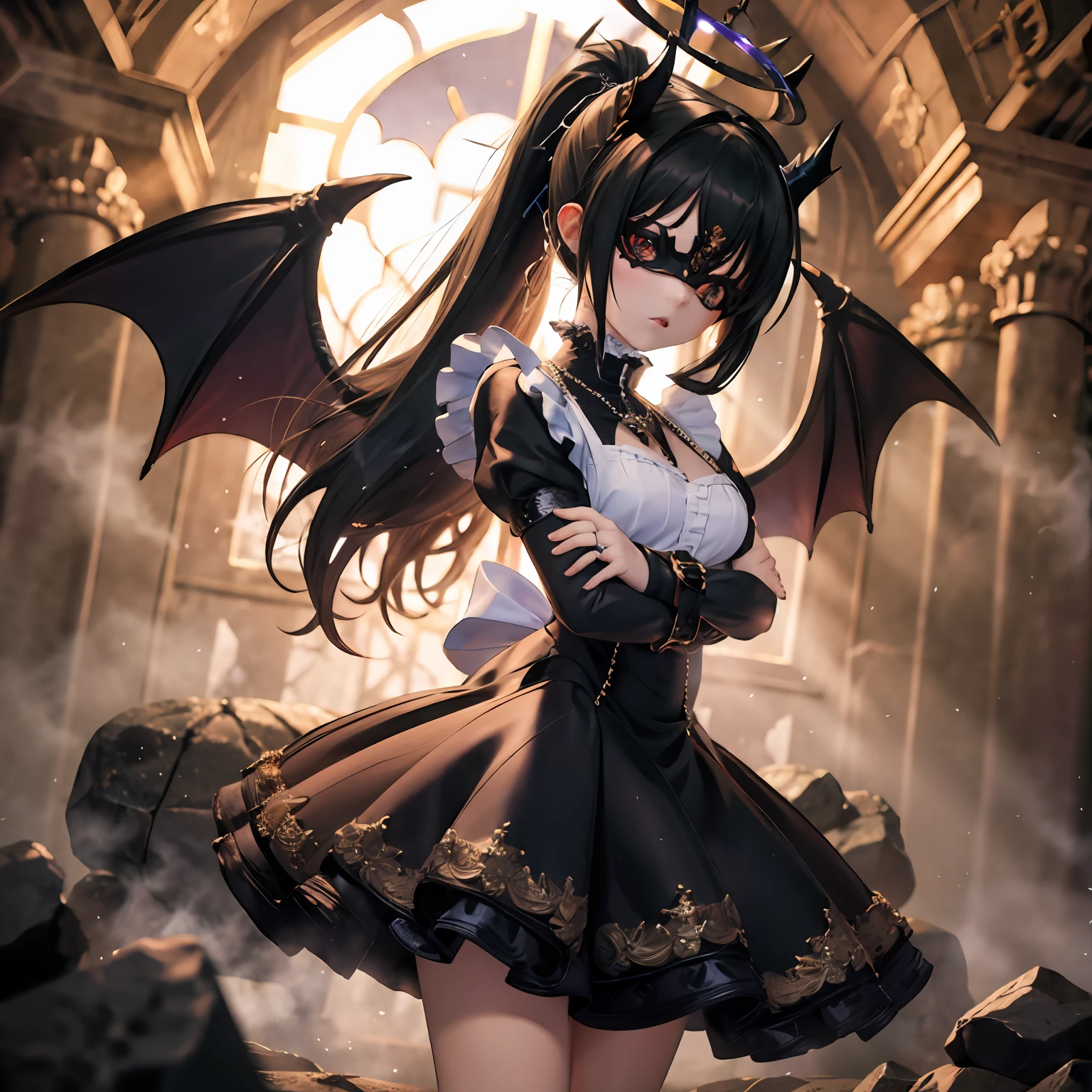 masterpiece, best quality, ultra-detailed, backlighting, 1girl wearing a halo mask, mid shot, full body, standing, long hair, parted bangs, ponytail, disheveled hair, demon horns, (black hair), expressionless, gothic dress, flat chest, bridal gauntlets, maid, maid apron, cross necklace, puffy short sleeves, wrist cuffs, frills, demon wings, in the night, (green vortex in the background:1.05), indoor, detailed night sky, moon, in a ruined church, surrounded by black smoke, rocks, sand, dark background