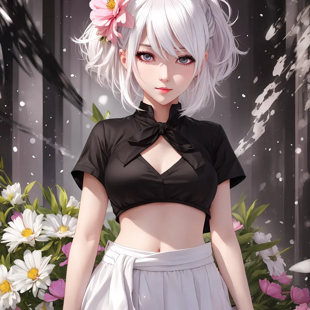 realistic, 1girl, white hair, black eyes, bright eyes, cropped top, skirt, lips parted, blush, night, flowers, sun, sunlight, --...