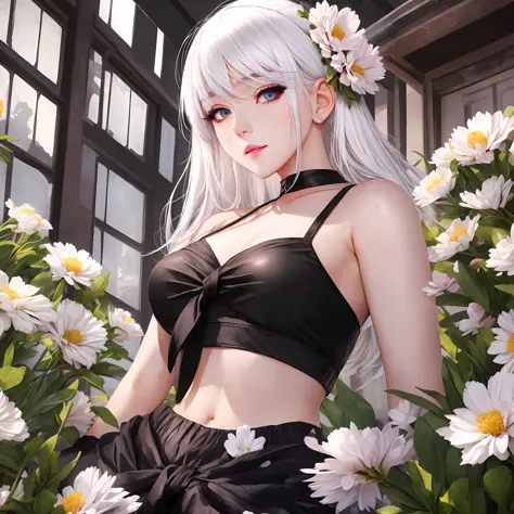 realistic, 1girl, white hair, black eyes, bright eyes, cropped top, skirt, lips parted, blush, night, flowers, sun, sunlight, --...