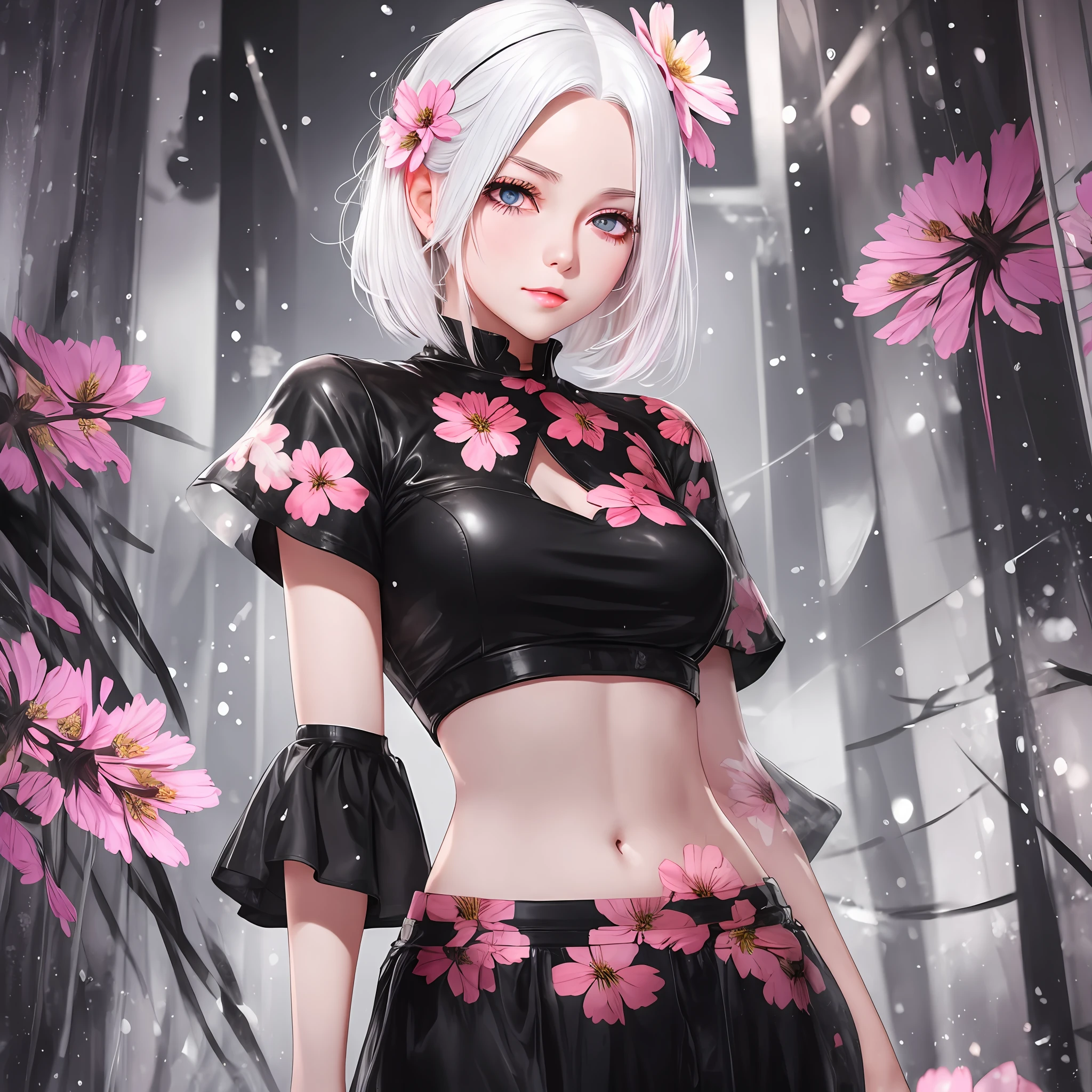 realistic, 1girl, white hair, black eyes, bright eyes, cropped top, skirt, lips parted, blush, night, flowers, sun, sunlight, --auto --s2