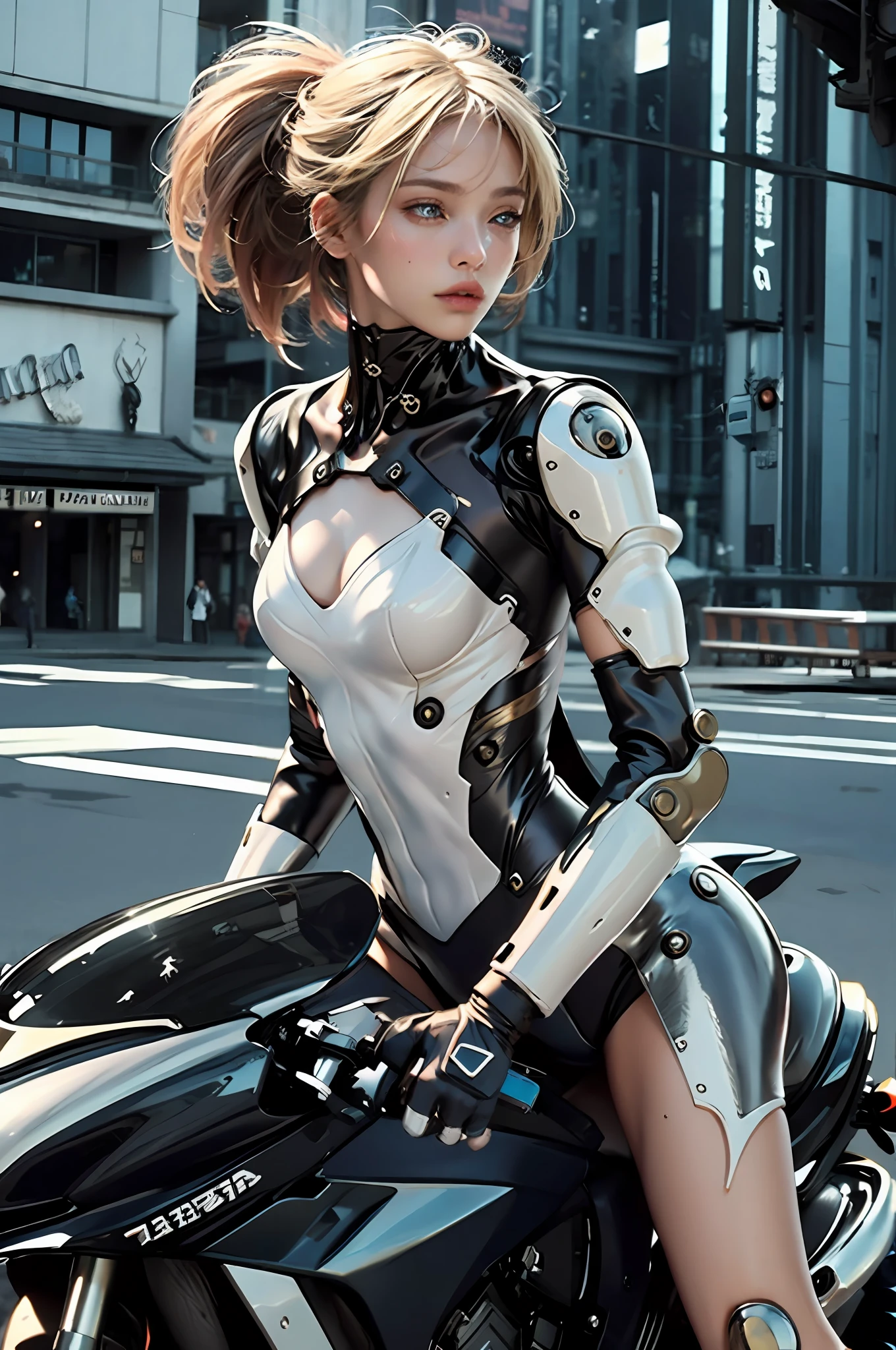 ((masterpiece)), ((best quality)), (ultra-detailed), ((high contrast)), (high saturation), (beautiful detailed eyes), ((an extremely delicate and beautiful)), (nice hands), ((perfect hands)), (mechanical cyber city in background), future city, summer, outdoors, girl riding a motorcycle, medium hair, blond hair, asymmetrical bangs, beautiful detailed glass hair, blue eyes, small breasts, mechanical suit, ((gloss body)), (very shiny body), clear parts, jewelry, ornaments, gorgeous, luxurious, fabulous, illuminations scattered all over the body, illumination shines, robort, cyborg, android, bodysuit