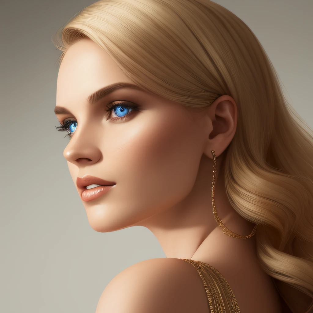 Portrait of ((stunning)) (joskriver1)   with wavy (blonde:1.0), ((highly detailed eyes)), ethereal, seductive, ((perfect eyes)), (glossy lips), photorealistic, full, 4K, trending on artstation,( masterpiece), realistic skin texture, ((small nose)),perfect profile,, studio lighting