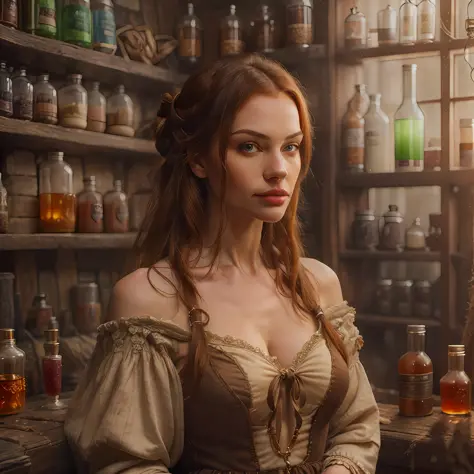 beautiful ginger women in detailed dress at cozy detailed potions shop, air above hair, IPA award wining, masterpiece