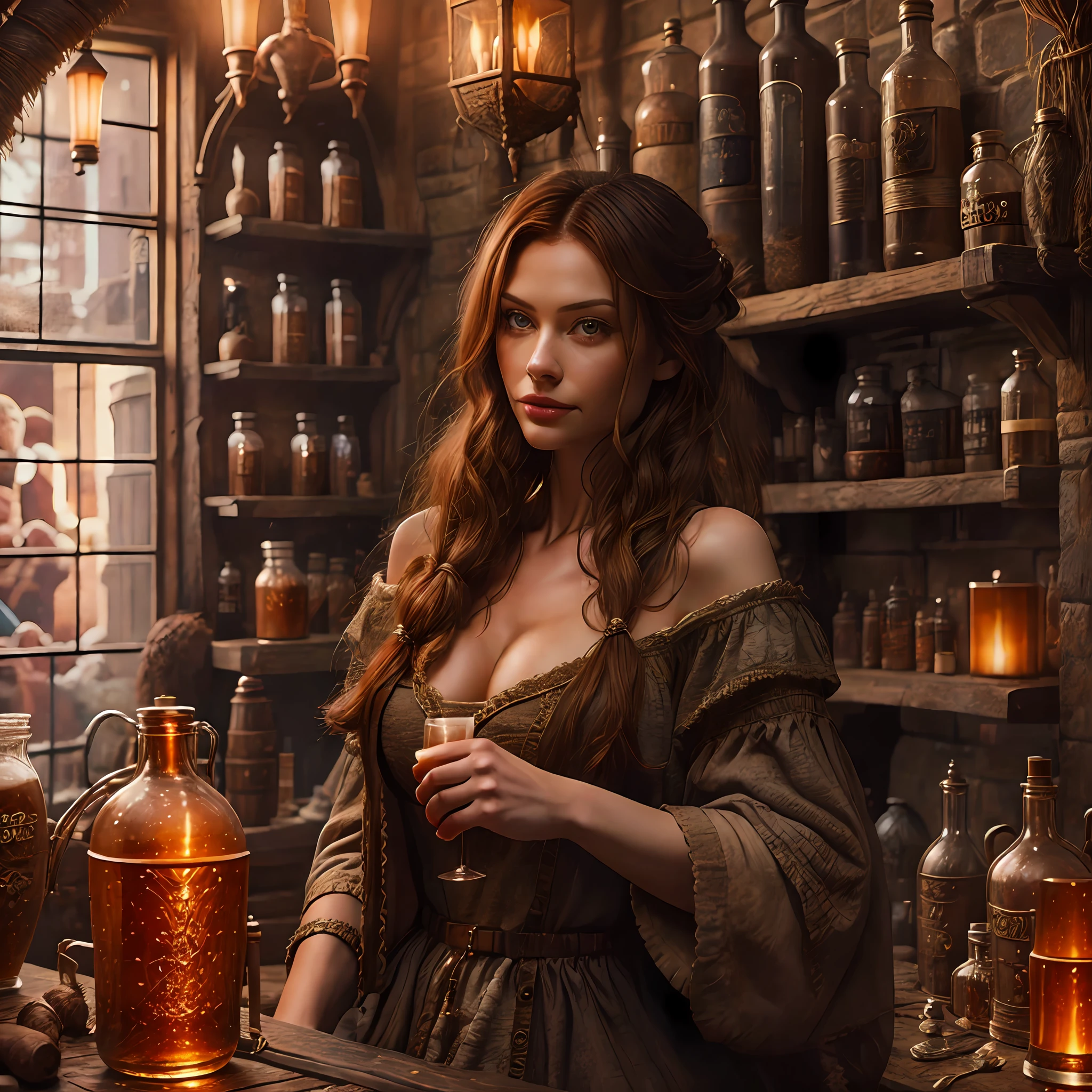 beautiful ginger women in detailed dress at cozy detailed potions shop, air above hair, IPA award wining, masterpiece, best lighting, best shadows, best reflections,