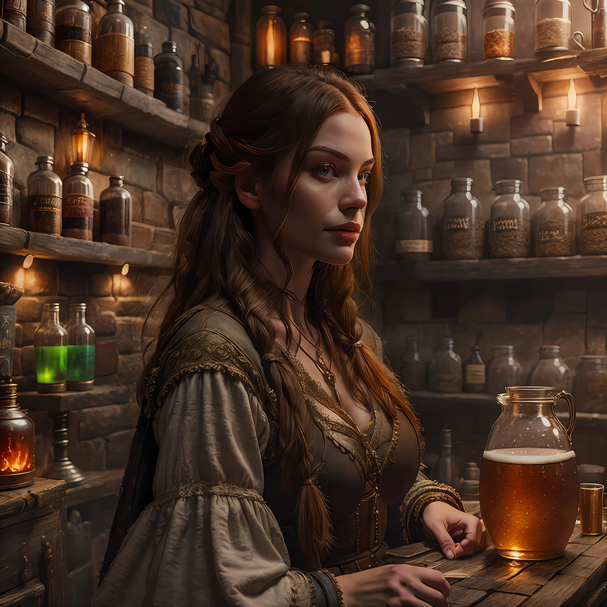 beautiful ginger women in detailed dress at cozy detailed potions shop, air above hair, IPA award wining, masterpiece, best lighting, best shadows, best reflections,