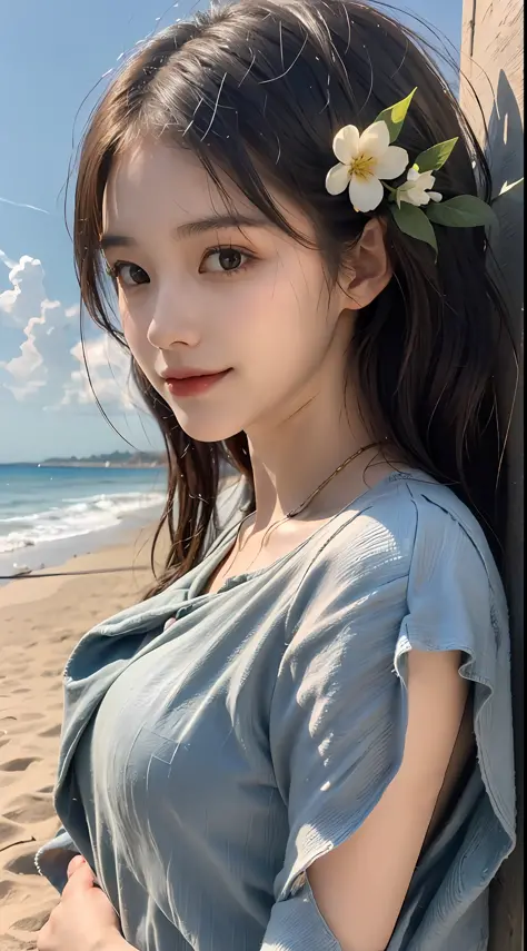 。 Behind her, the blue sky and white clouds cast warm sunlight, intertwined with the sound of waves crashing on the beach. She r...