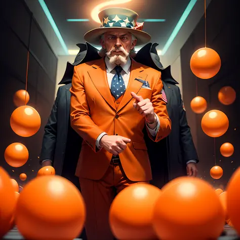 uncle Sam propaganda, Uncle sam convocation poster, uncle sam dressed in orange suit, orange balls fly around, orange balls in t...