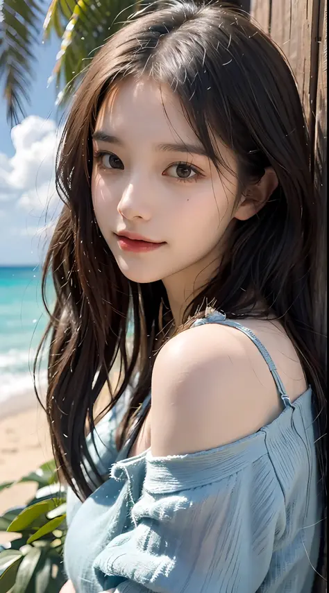 。 behind her, the blue sky and white clouds cast warm sunlight, intertwined with the sound of waves crashing on the beach. she r...