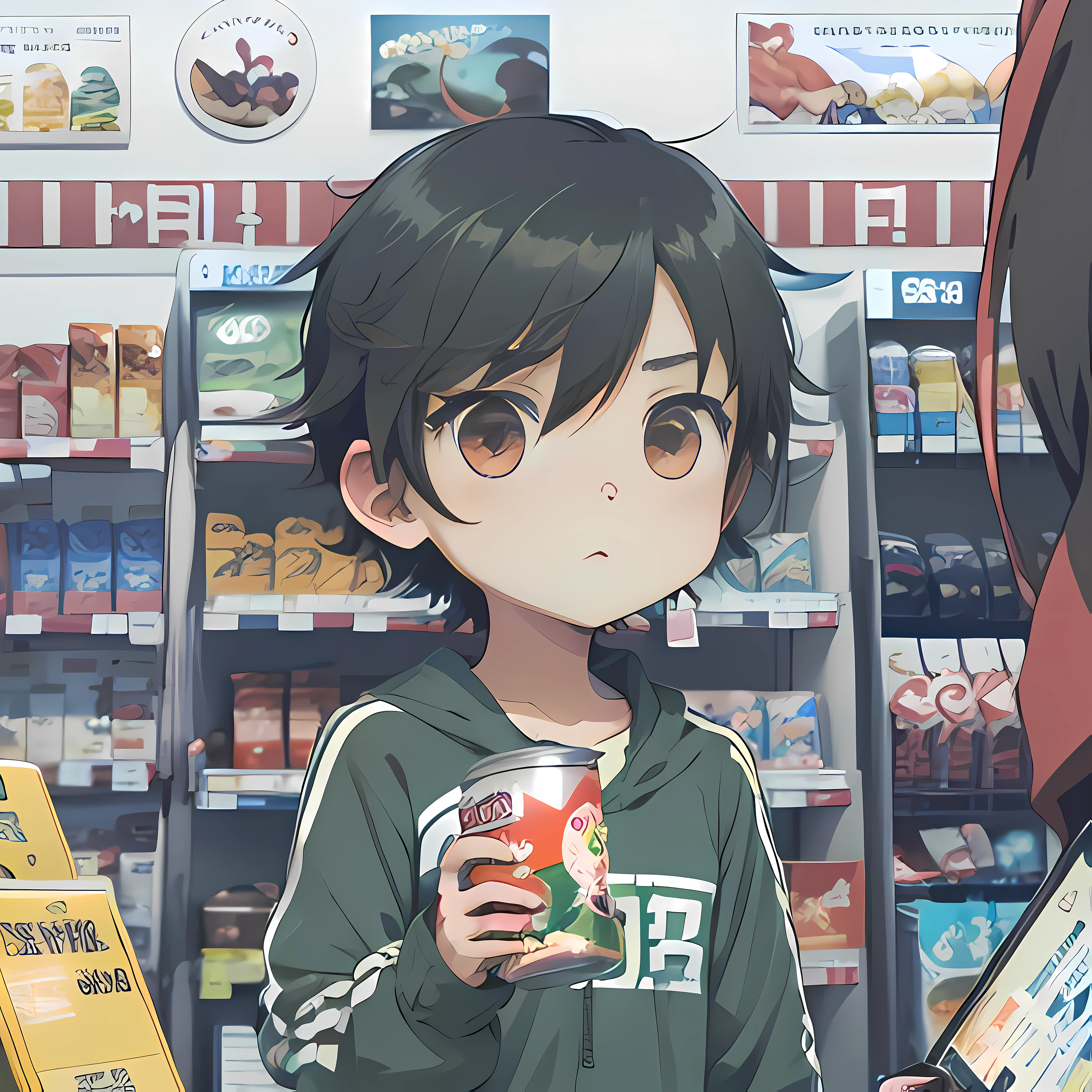 anime image of a man holding a can of food in store, convenience store, anime style, anime style, anime moe art style, stylized anime, kantai collection style, japanese anime style, anime stylization, cel coloring anime, cel - shadow art style, illustrated anime, 2.5d anime style, in anime