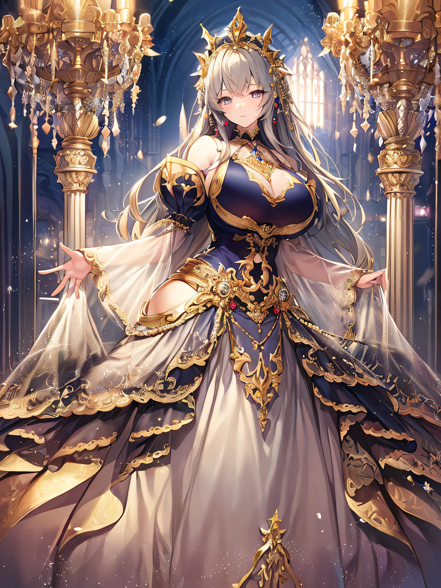 ((anime moe artstyle)),(Masterpiece),(Best Quality), (Super Detail),Illustration,((Very Delicate and Beautiful)),Focus on character,Dynamic Angle,Looking at viewer,((Solo)),standing,(((full body))),(((one noble princess in gorgeous ball gown with voluminous skirt))),detailed face and eyes,jewel-like eyes,((Very Long voluminous Hair)),gorgeous embroidery and lace,See-through,ornate ruffles,Gorgeous jewelry ornaments,(gigantic breasts,Long breasts),((gorgeous ball gown with voluminous skirt)),full body