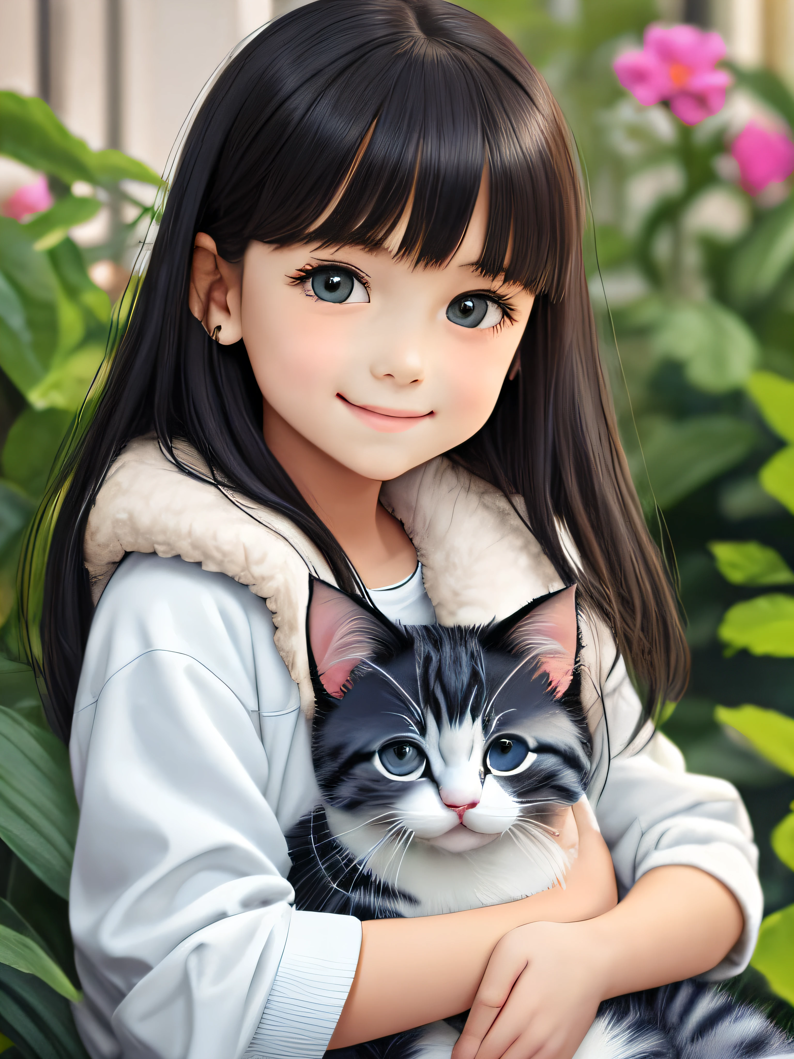 una niña caucásica de 8 años, de color piel, con cabello negro largo y liso y flequillo, con ojos color avellana, sonriendo con un tono realista, vistiendo una chaqueta blanca esponjosa y sosteniendo un lindo gatito gris en su regazo, en una pequeña casa rodeada de un hermoso jardín