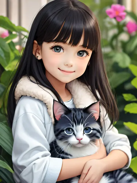 an 8-year-old Caucasian skin-colored girl with long straight black hair and bangs, with hazelnut eyes, smiling with a realistic ...
