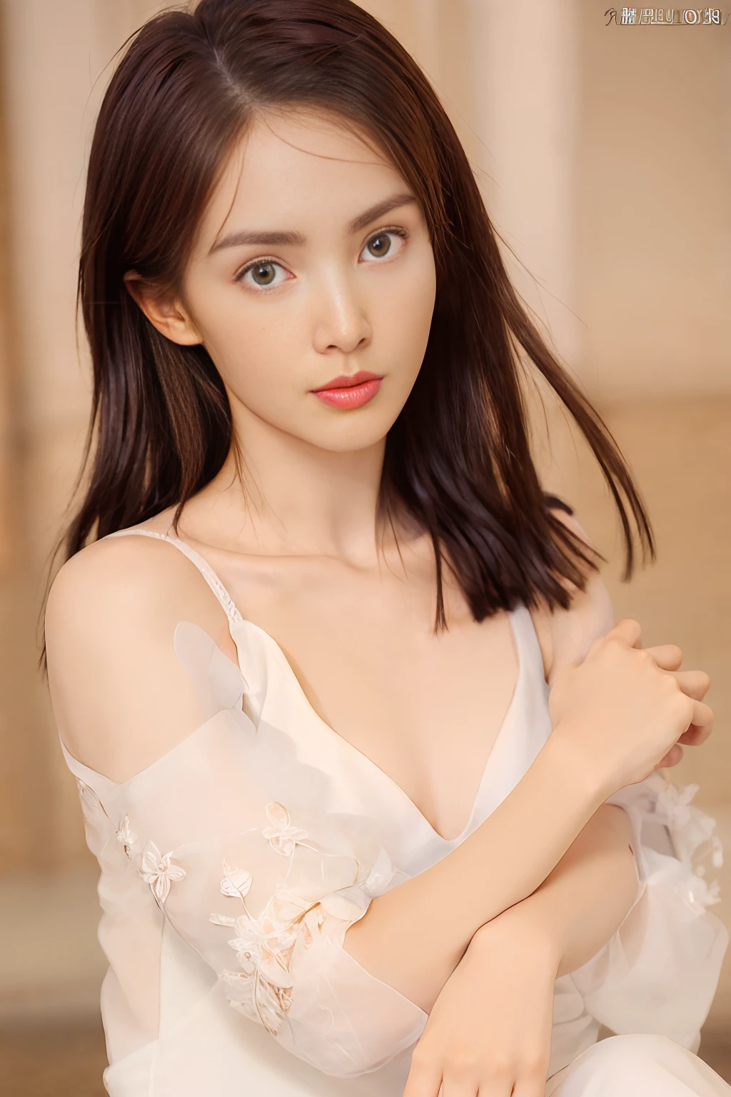 ((top quality, 8k, masterpiece: 1.3)), sharp: 1.2, perfect body beauty: 1.4, slender abs: 1.2, ((layered hairstyle, big: 1.2)), (swimsuit white: 1.1), street: 1.2, highly detailed face and skin texture, detailed eyes, double eyelids, long brown hair, thin dress, back hands, squatting, slightly exposed panties, Exposed cleavage.