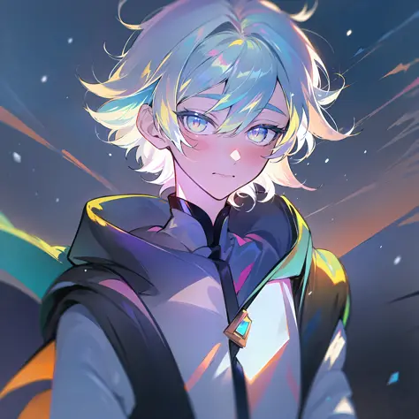 0.7>,anime boy,snow,(Male),jacket,diamond,multicolored hair, multicolored eyes