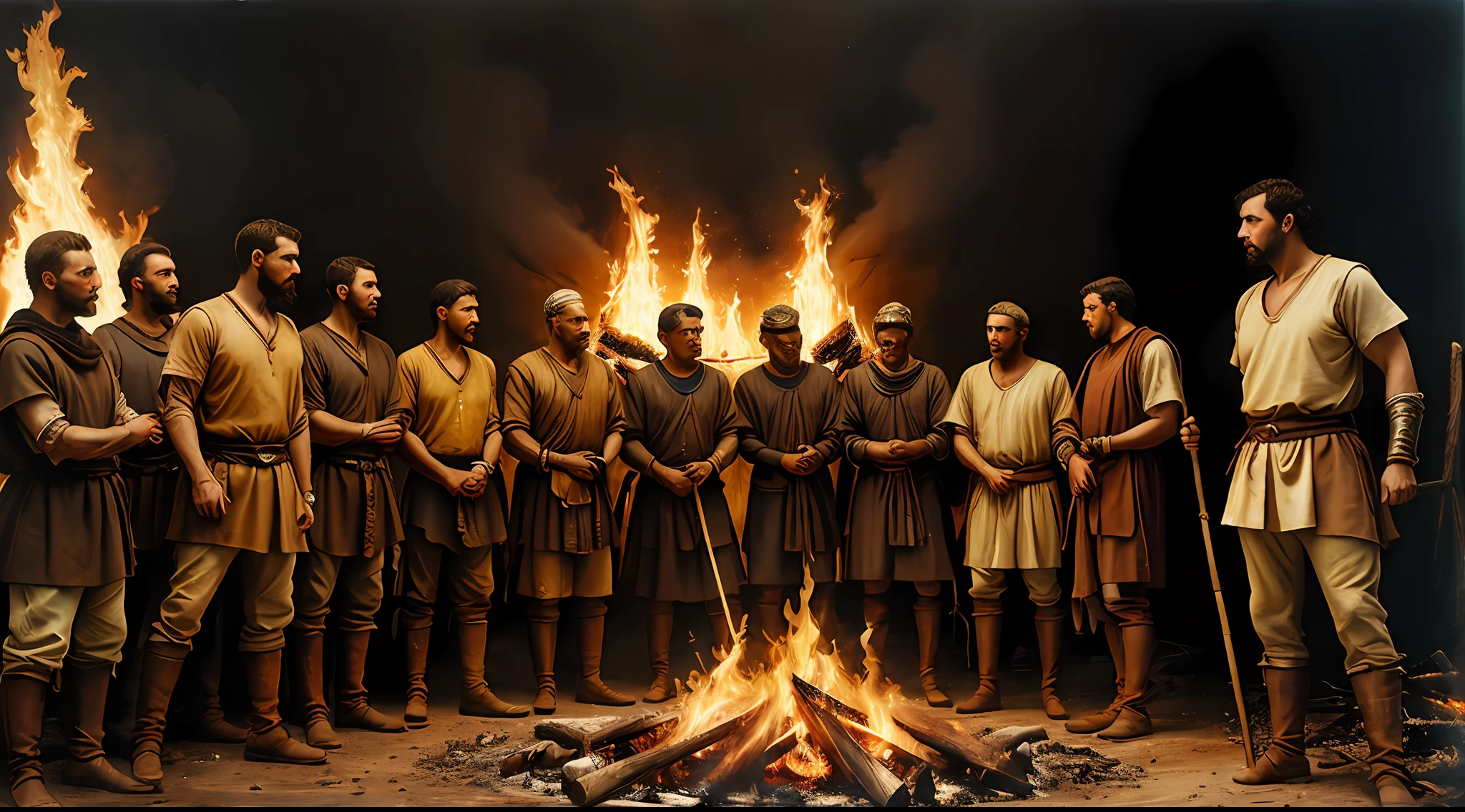 a painting of a group of men standing around a fire, painting of goliath, historical artistic depiction, by Carl Eytel, biblical painting, traditional art, colchians painting, by János Saxon-Szász, by Gilberto Soren Zaragoza, epic biblical depiction, artist unknown, by Eugenio de Arriba