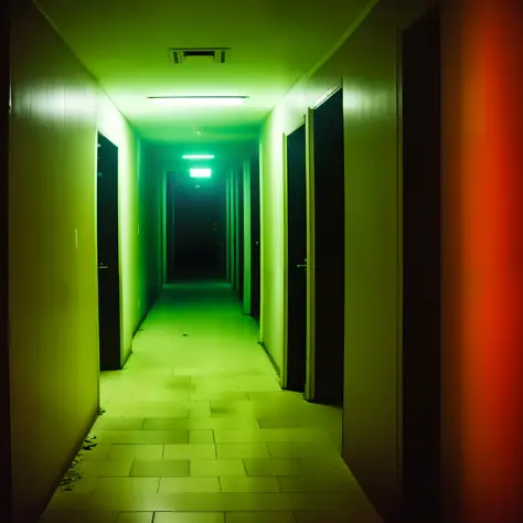 Corridor, dark aspect, vhs camera picture style, abandoned house hallway, olhos no fundo do corredor encarando
