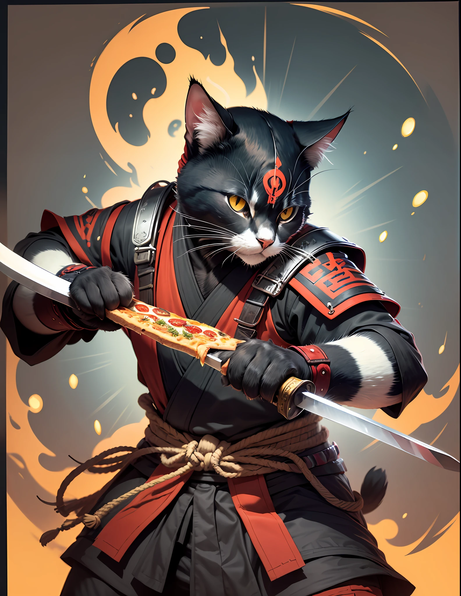 A close up of a cat with a sword and a samurai outfit - SeaArt AI