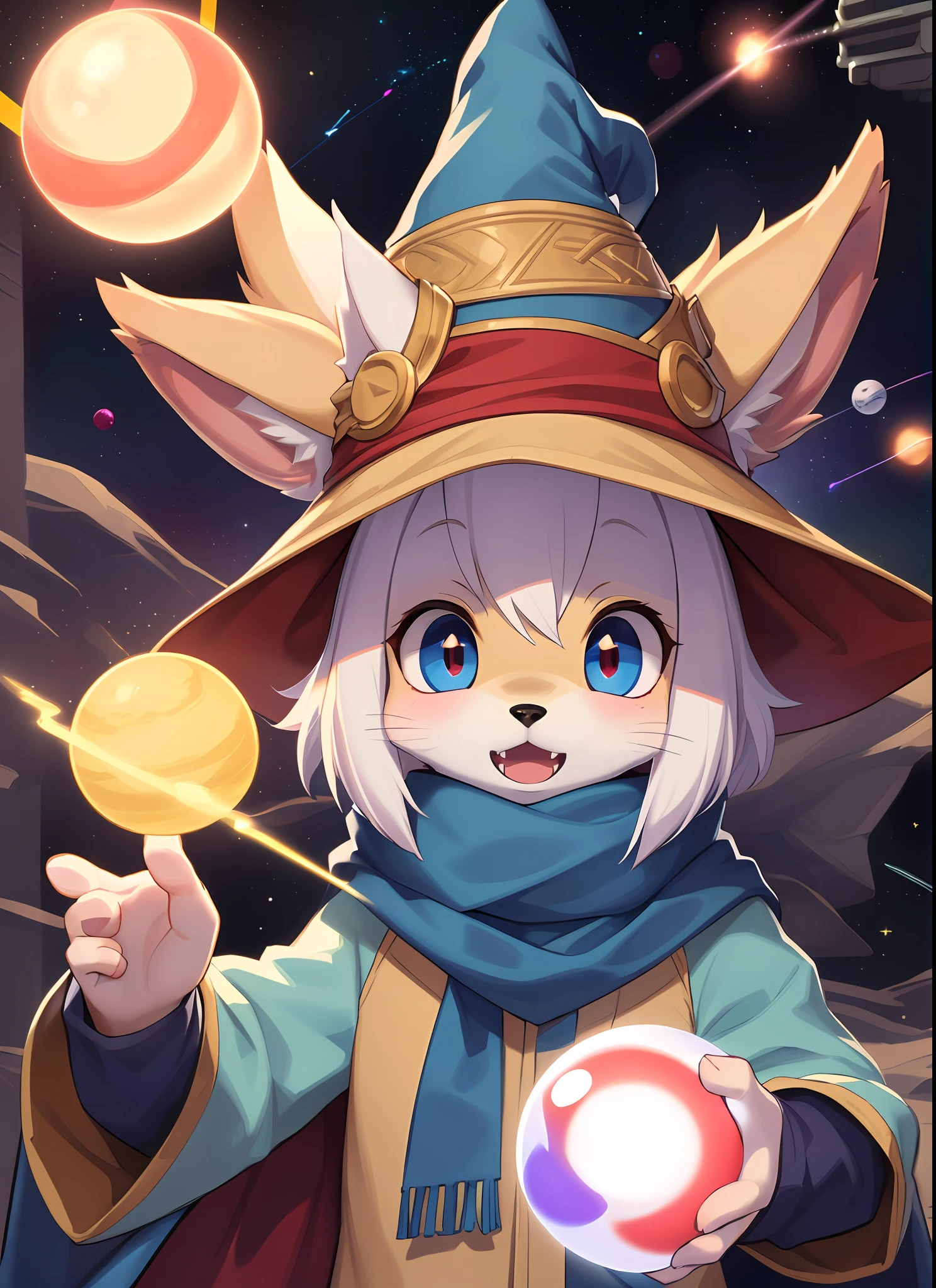 masterpiece, high quality portrait, 3D realistic CG, dramatic lighting, intricate details, sharp focus, 16k, anthro, furry, (cub), (whiskers), solo creature, wizard hat, cape, scarf, (surprised), (magic wind orbs:1.4), (reaching hand out), (outer space planets), (by kekitopu), full shot
