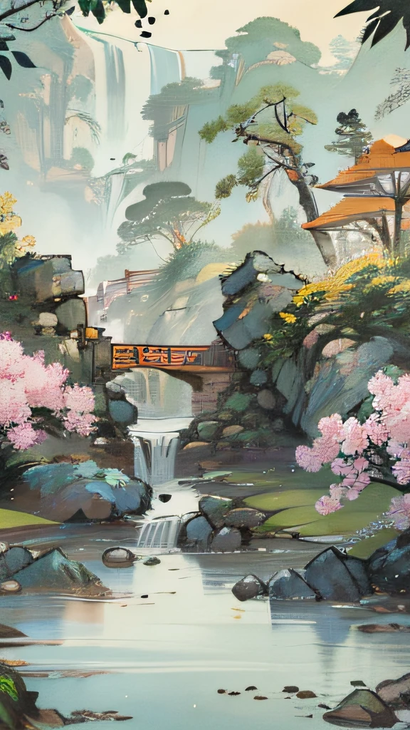 ((Best quality, masterpiece: 1.2)), CG, 8K, intricate details, cinematic perspective, (no one around), (Ancient Chinese garden), pond filled with lotus flowers, rocks, flowers, bamboo forests, waterfalls, wooded areas, small bridges spanning babbling streams, detailed foliage and flowers, (sunlight shining, sparkling waves), peaceful and serene atmosphere, ((soft and elegant colors)), ((exquisitely crafted composition))