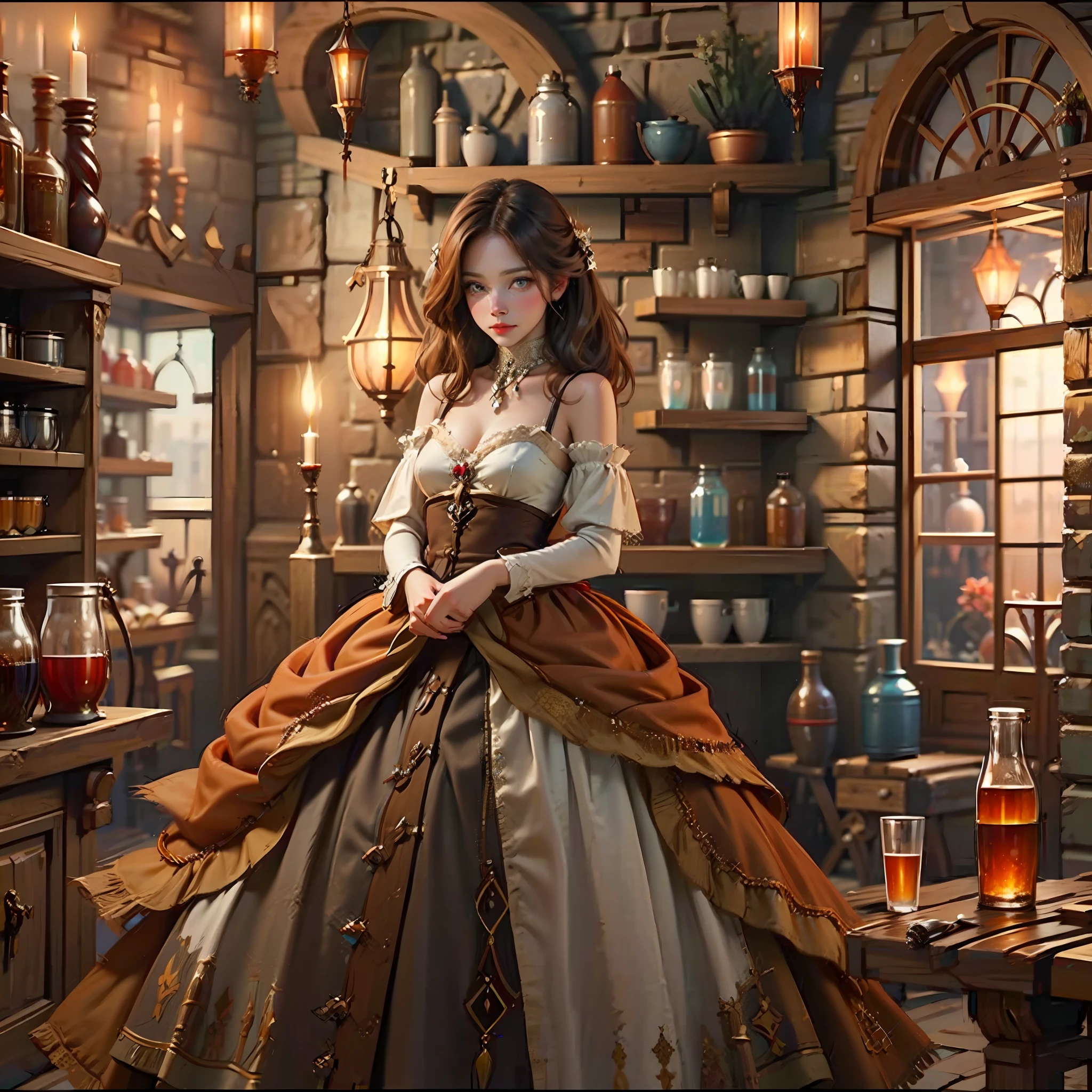 beautiful ginger women in detailed dress at cozy detailed potions shop, air above hair, IPA award wining, masterpiece, best lighting, best shadows, best reflections,