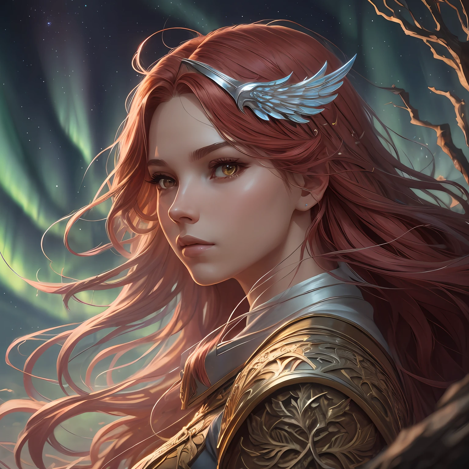 (atmosphere with light and a tree behind)+ 8k aurora portrait, girl with super long hair, super long very light red hair, in battle clothes, with giant silver wings on the back, intricate, highly detailed, digital painting, smooth, sharp focus, illustration, unreal engine 5, 8 k, art by Artgerm and Greg Rutkowski and Alphonse Mucha