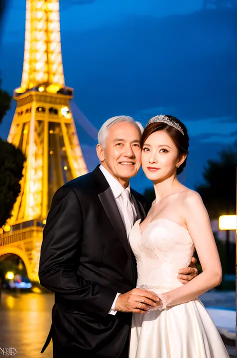 elderly bride and elderly groom posing in front of eiffel tower for photos, professional wedding photography, luxury wedding, si...