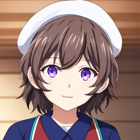 kotoko-iwanaga, short hair, white beret, brown hair, violet eyes