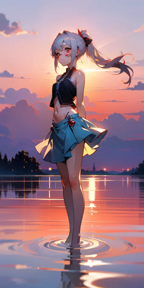 projected inset, (highest quality), (depth of field), (full body), charming, rich details, 1girl, girly, cute, ((silver hair)), quadratic, long ponytail, light red eyes, red hair ornament, sleeveless, bare shoulder, (navel), hands behind back, (sideways), ...