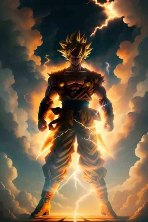 masterpiece, best quality, goku, super Saiyan4, yellow hair Have lightning on your body Above the clouds