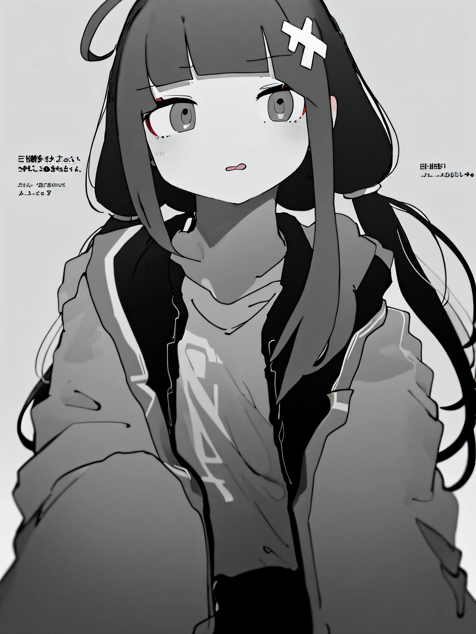 masterpiece, best quality, 1girl, solo, long_hair, looking_at_viewer, bangs, simple_background, shirt, hair_ornament, long_sleeves, twintails, jacket, monochrome, ahoge, greyscale, parted_lips, open_clothes, blunt_bangs, low_twintails, x_hair_ornament,