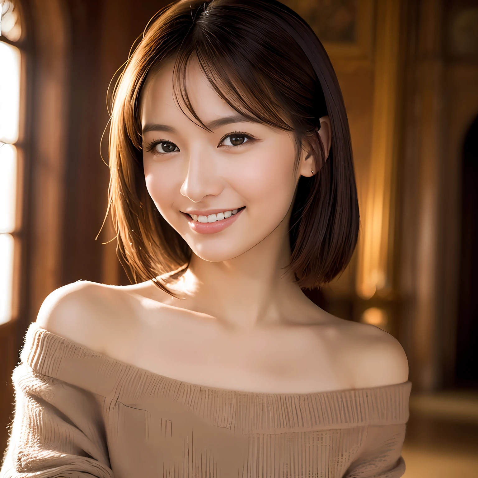 best quality, face focus, soft light, (depth of field) ,ultra high res, (photorealistic:1.4), RAW photo, (portrait:1.4) ,(from front)
1japanese girl, solo, cute, (shy, smile:1.1), (brown eyes),  detailed beautiful face, (midi_hair),
The Great Hall of a European Castle, walking,
(off shoulder shirt) --auto