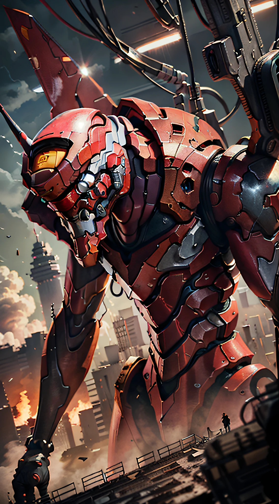 (Eva 02), God Eva, Evangelion Mecha, Science Fiction, Looking at the Audience, 3d Rendering, (Official Art, Best Quality, Masterpiece: 1.2), Illustration, High Resolution, Beautiful Abstract Background, Futurism, Cyberpunk, Intense Angle,