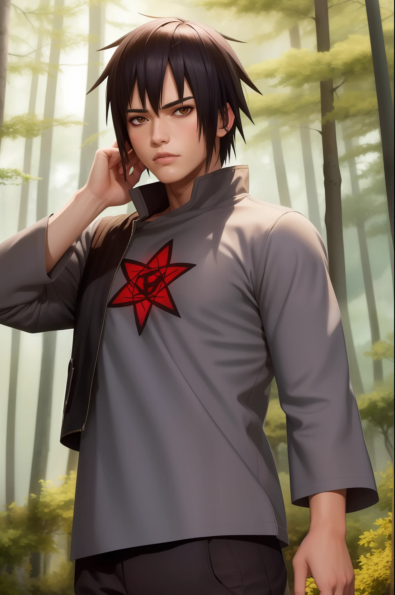 Super realistic image of a nine character based on the amine Naruto. He is very handsome, has flashy eyes. Thick, dark eyebrows. White skin. Confident look. Brown eyes. He holds in his hand one the kunai. In the background behind him is a shadowy forest.