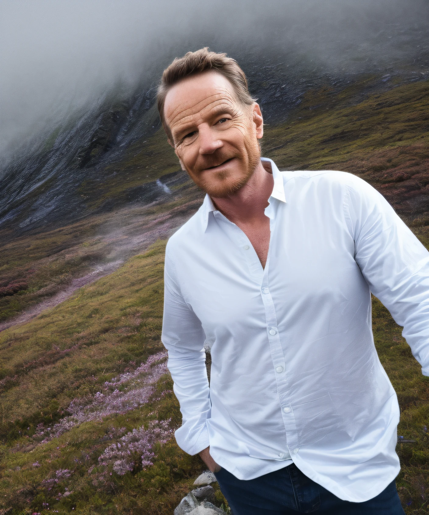 (Masterpiece Photo:1.3) of (Ultra detailed:1.3) (8k, RAW photo, highest quality),1man,age up,bryancranston,(wearing white shirt),standing in the Norwegian mountains, (misty mountains), (detailed eyes:0.8), (looking at the camera:1.4), (highest quality), (best shadow), intricate details, interior, muted colors, freckles,Highly Detailed,naturalism,land Art,regionalism