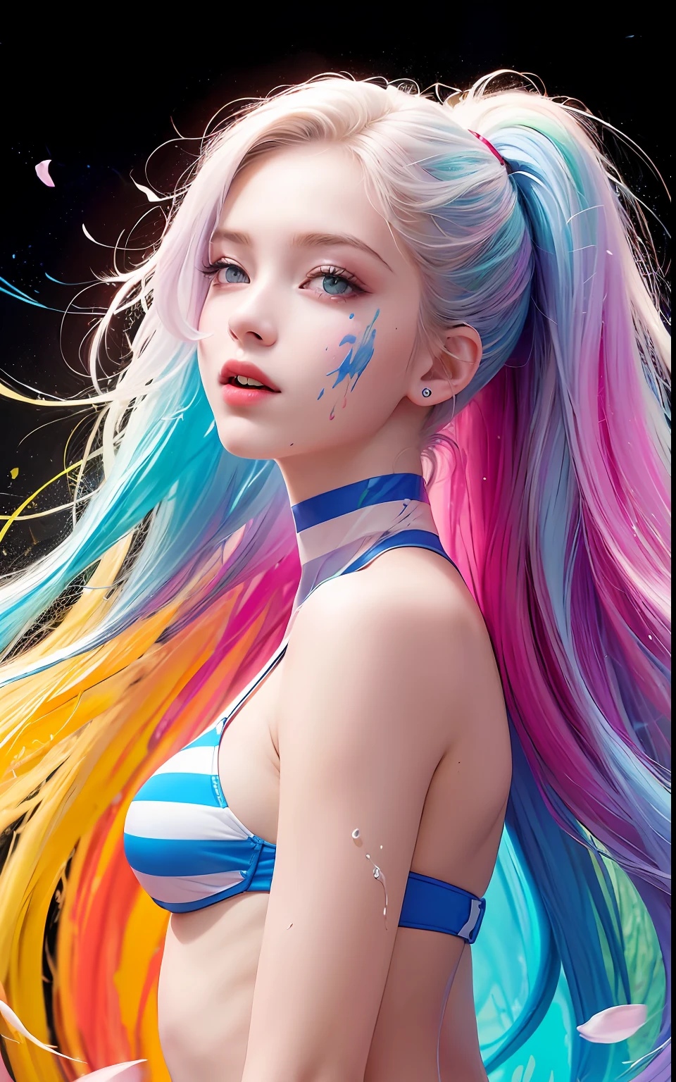 Full body portrait, standing, (colorful fashion ultra-small mini bikini: 1.9), (colorful hair: 1.8), (all colors of the rainbow: 1.8), (vertical: 1.6))), (painting, painting, portrait), cartoon, illustration, painting, large, crystal clear eyes, (rainbow gradient high ponytail: 1.7), exquisite makeup, mouth closed, (small fresh(1.5), (Big: 1.6), long eyelashes, looking at the audience, big watery eyes, (iridescent hair: 1.6), color splash, (solo, :1.8), color splash, color explosion, thick paint style, messy lines, ((sparkling)), (colorful), (colorful), colorful, colorful, chic paint style, (splash) (color splash), vertical painting, upper body, paint splash, acrylic pigment, gradient, paint, best quality, best quality, masterpiece, , solo, , depth of field, face paint, colorful clothing, (elegantly: 1.2), gorgeous,long hair, wind, (elegantly: 1.3), (petals: 1.4), (Masterpiece,)))), (highest quality)))), (( ( Ultra detailed)), ( Illustration), (Dynamic Angle), (((Floating)), (Paint), (disheveled hair)), (Solo,), (1 girl), (Detail anima face))), (((Beautiful Detail Face)), Collared, Bare shoulders, Gray hair, (((Colorful hair)), ((Striped hair)), Beautiful Detailed Eyes, (Gradient Color Eyes), (Colorful Eyes)), ( High saturation)))), (((surrounded by colorful splashes))),