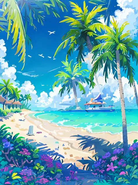 there is a picture of a beach with palm trees and a plane, anime background art, anime background, beautiful anime scenery, tropical beach paradise, anime scenery, island background, sunny day at beach, at a tropical beach, tropical beach, beach background...