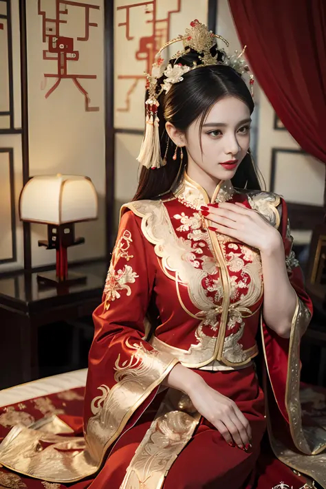 (ultra realistic 8k CG:1.2),perfect artwork,delicate pattern,intricate detail, (unparalleled masterpiece,best quality:1.2),(extremely intricate:1.2),a woman in a red and gold dress, Phoenix crown,hair stick,(sitting on red bed),Cosmetic,blush,shy,black_hai...