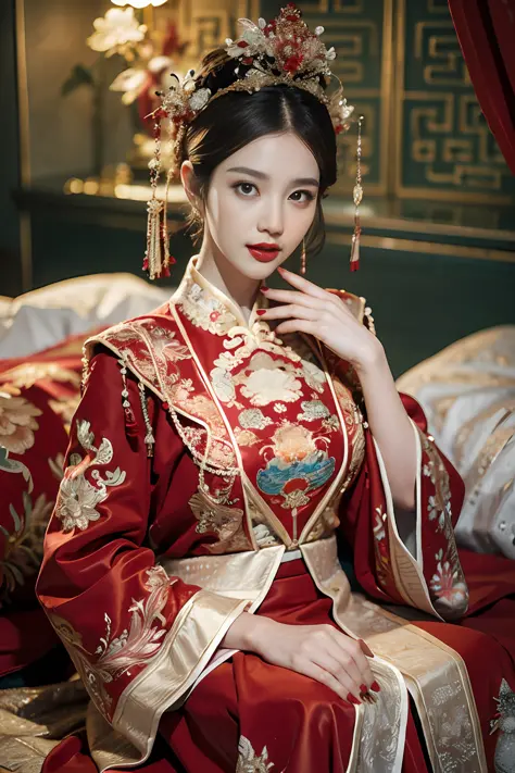 (ultra realistic 8k CG:1.2),perfect artwork,delicate pattern,intricate detail, (unparalleled masterpiece,best quality:1.2),(extremely intricate:1.2),a woman in a red and gold dress, Phoenix crown,hair stick,(sitting on red bed),Cosmetic,blush,shy,black_hai...