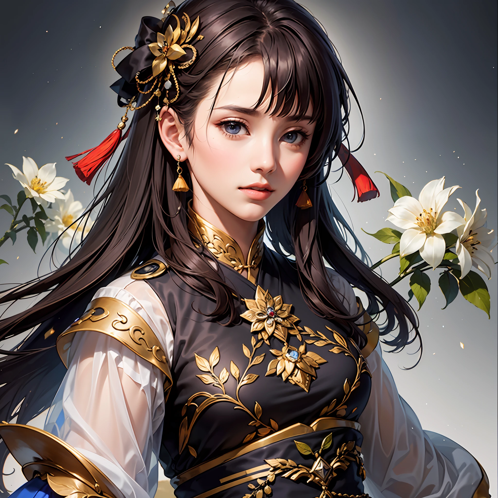 戦国時代, 女性将軍, とても美しい顔, 高ダイナミックアングル, 8k, とても繊細, 非常に濃い, 鮮やかな色, ダイナミックな壁紙 日本の着物と中国の漢服のMIX, 美しい黒髪,