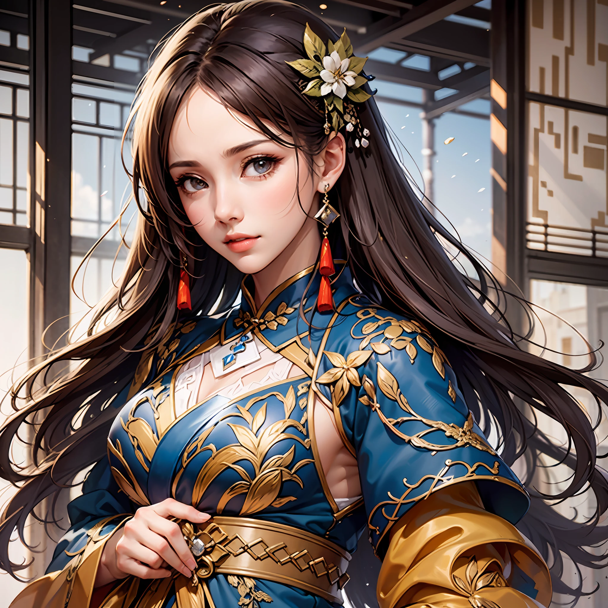 Período de Estados en guerra, mujer general, cara muy hermosa, alto ángulo dinámico, 8k, Muy delicado, muy denso, vivid color, fondo de pantalla dinámico kimono japonés y hanfu chino MIX, hermoso cabello negro,